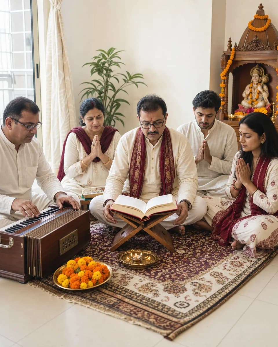 A Sundarkand path with harmonium and family devotees in a Janakpuri living room