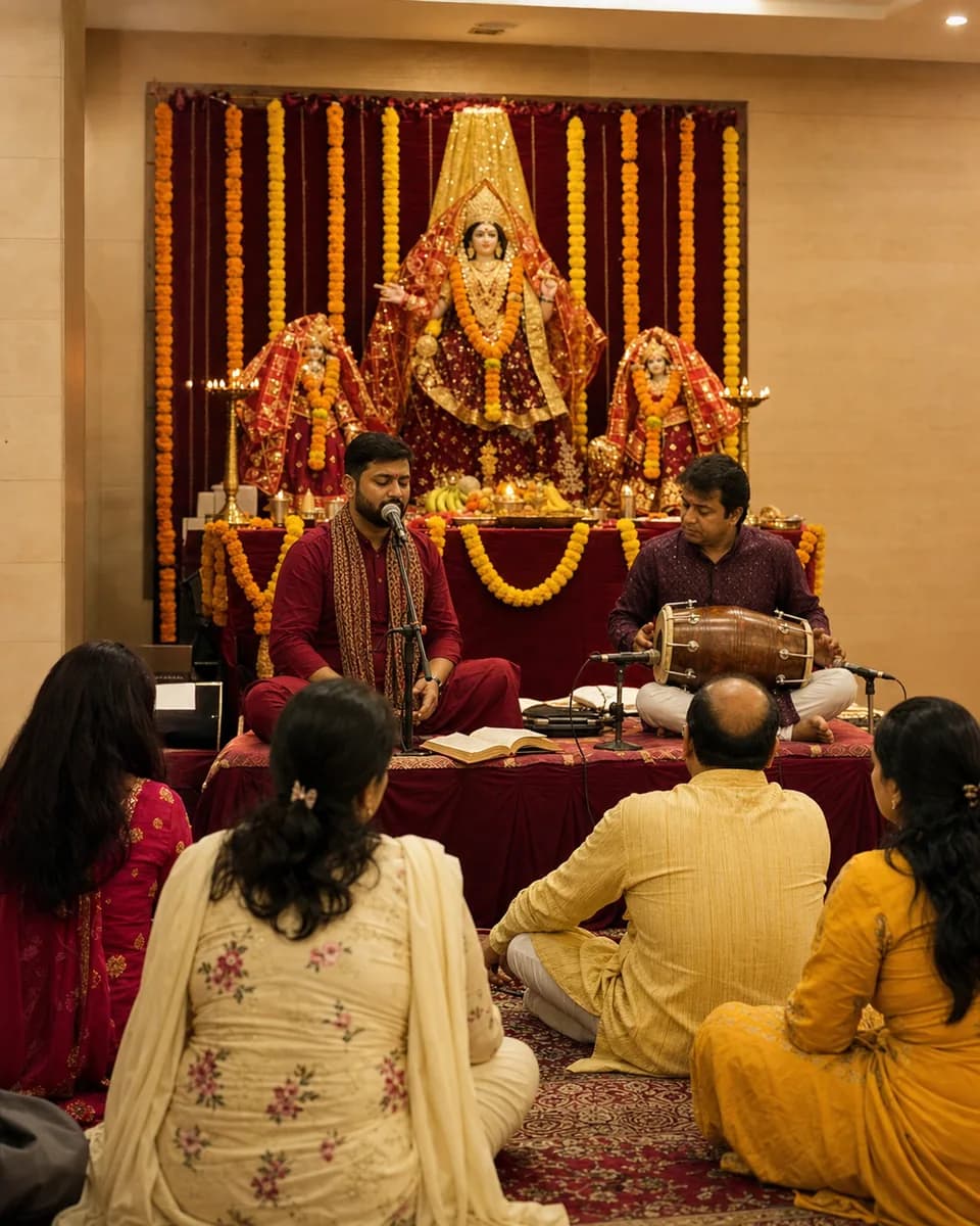A Mata Rani chowki with musicians and devotees in a Pitampura society clubhouse