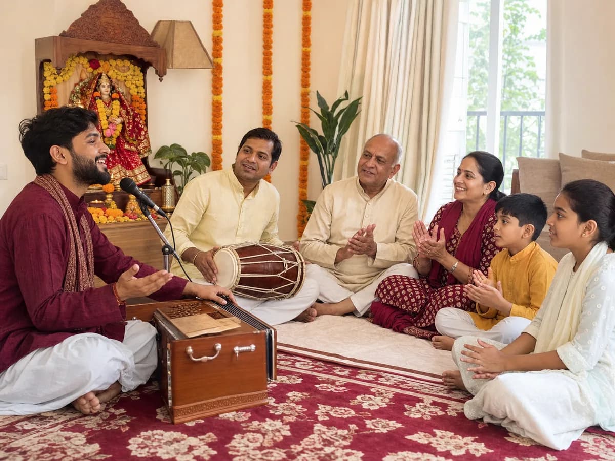 A singer, dholak player and family sharing a free Navratri kirtan at home
