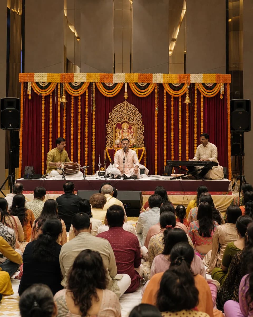 A large society chowki with musicians, sound system and families in Dwarka
