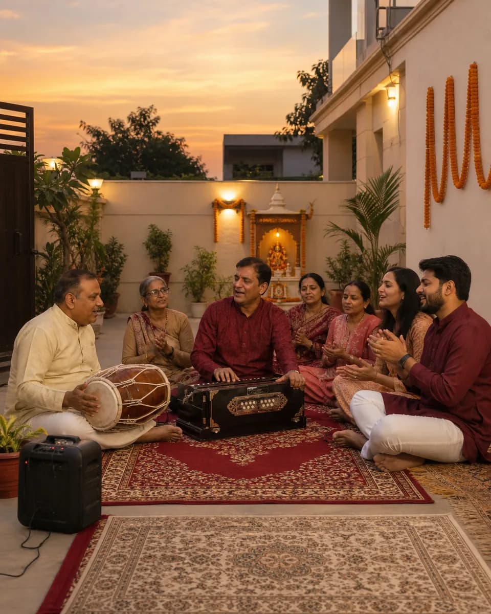 A family kirtan beginning at sunset in a Faridabad residential courtyard
