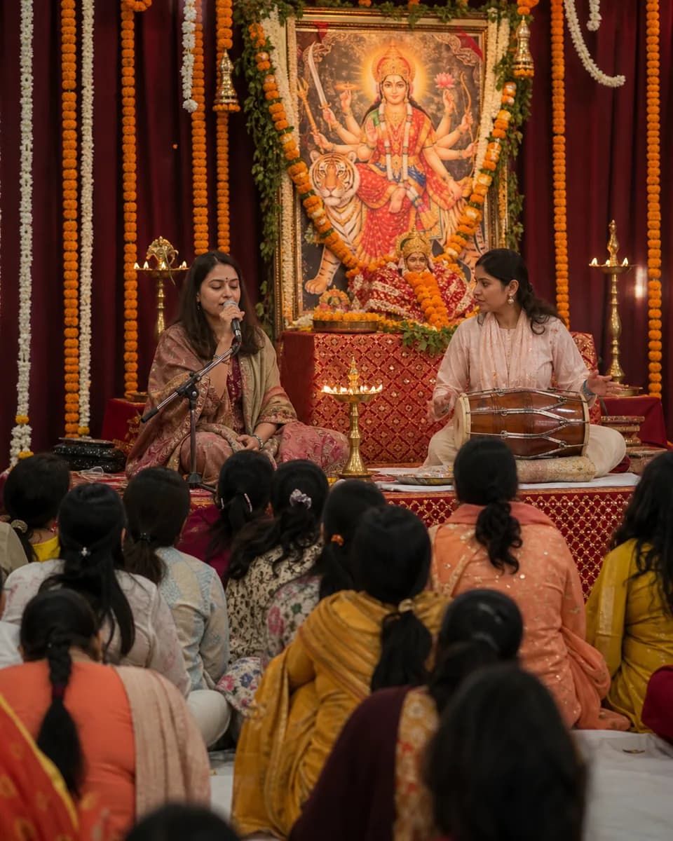 A festive Navratri society chowki with a singer and dholak player in Ghaziabad