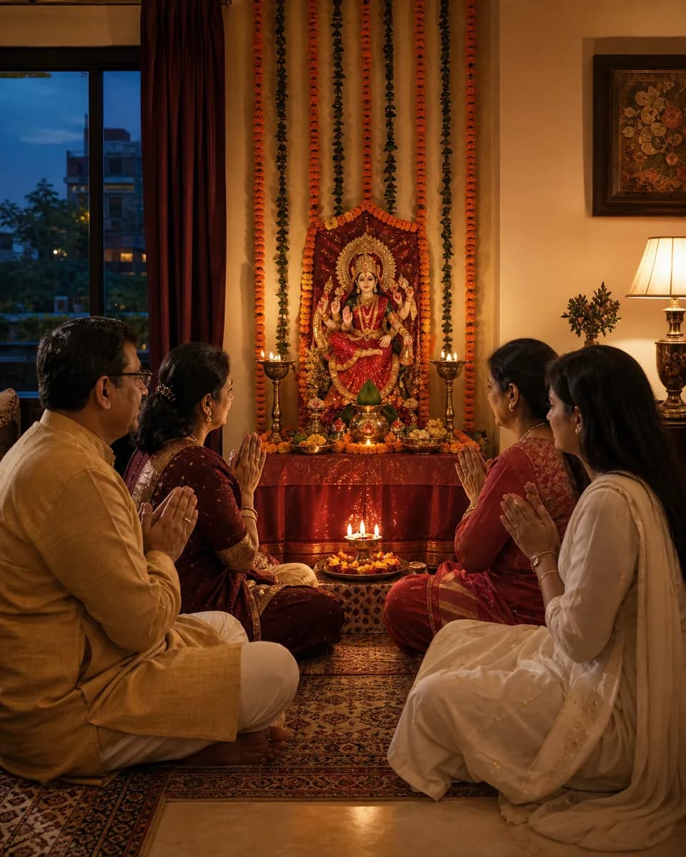 A family praying together at an evening Mata chowki in a Shalimar Bagh home