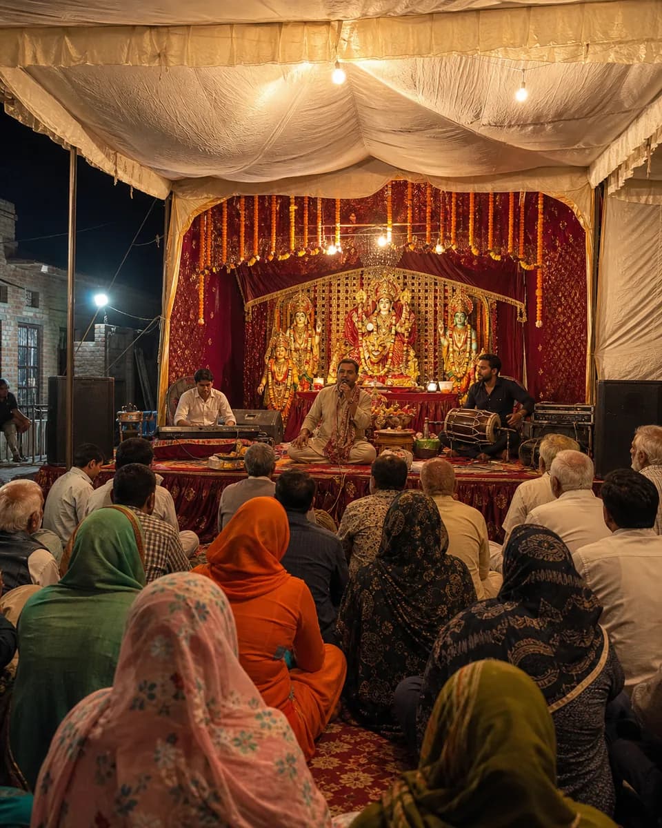 A full night neighbourhood jagran beneath a traditional tent in Sonipat