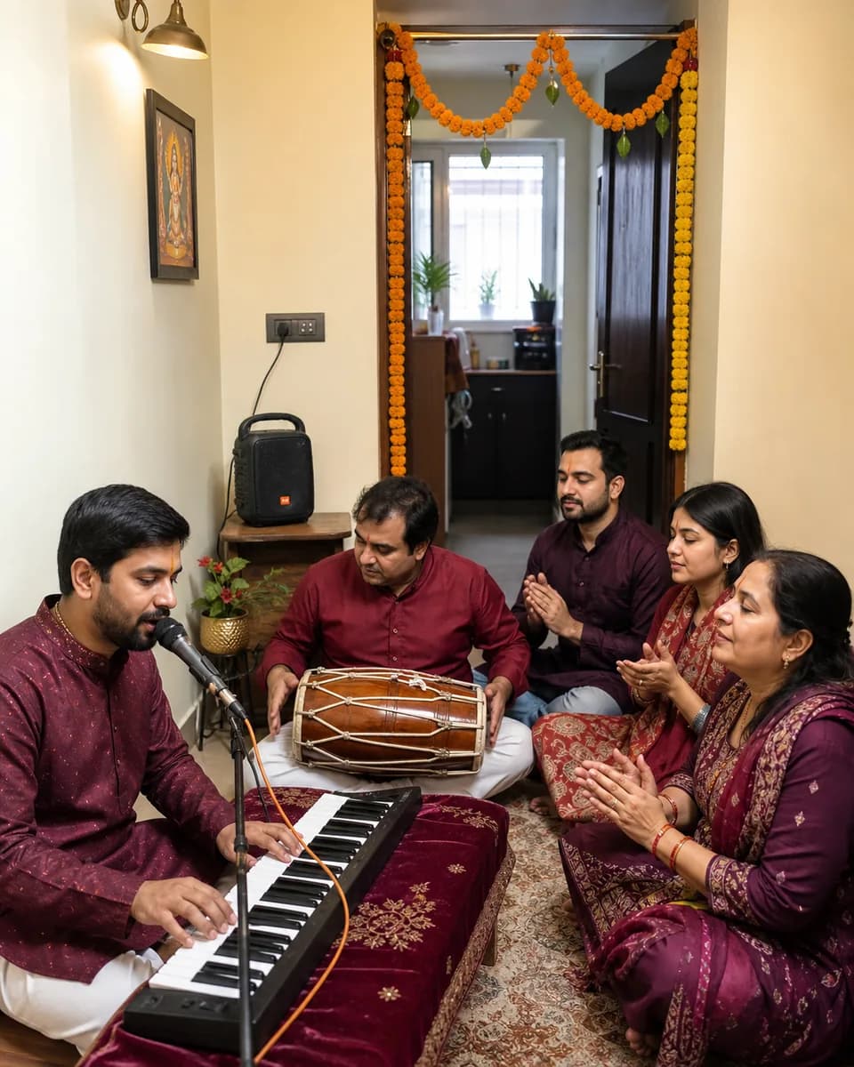 A compact home kirtan with a tidy portable sound setup in Uttam Nagar
