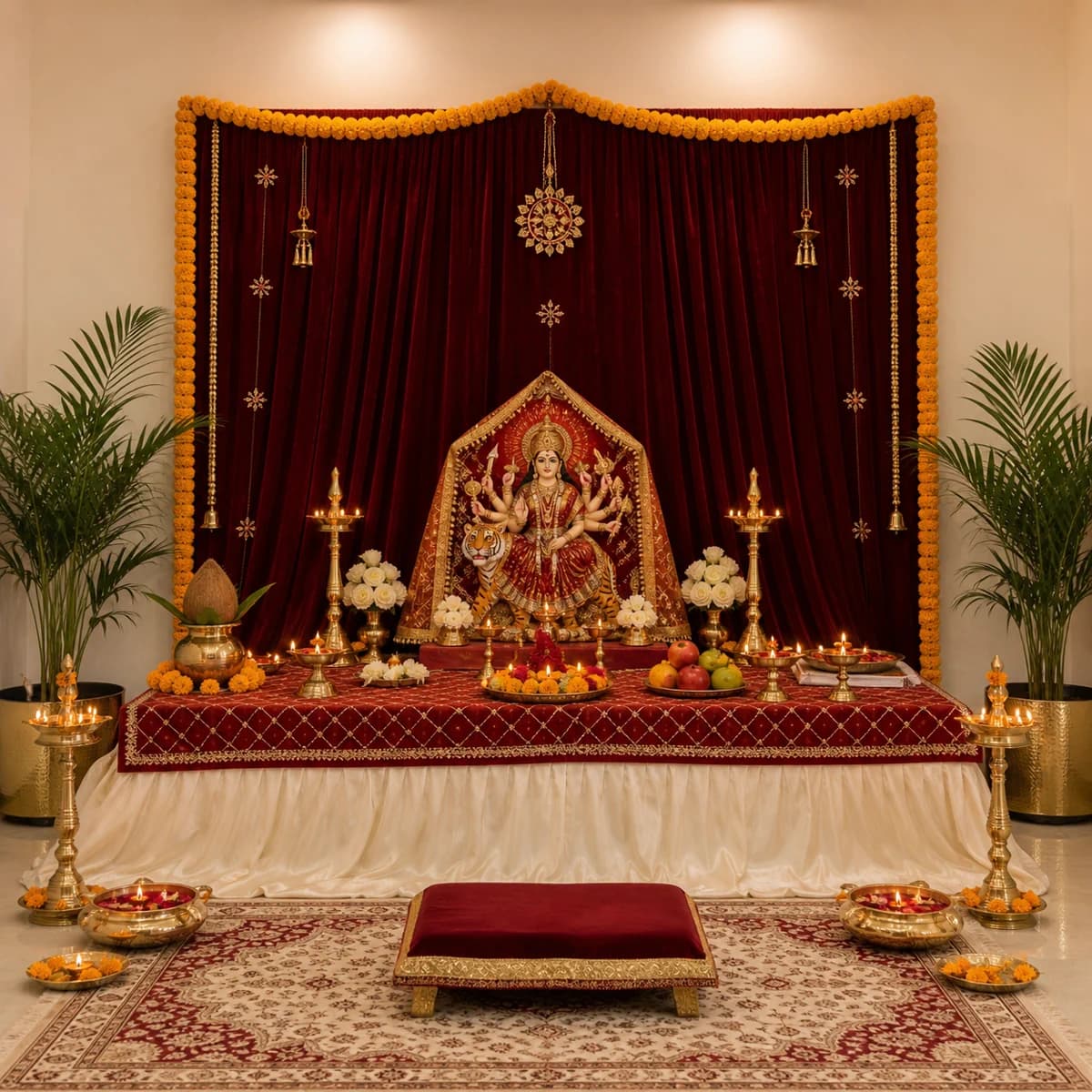 Mata ki chowki darbar decorated with maroon cloth and marigold flowers