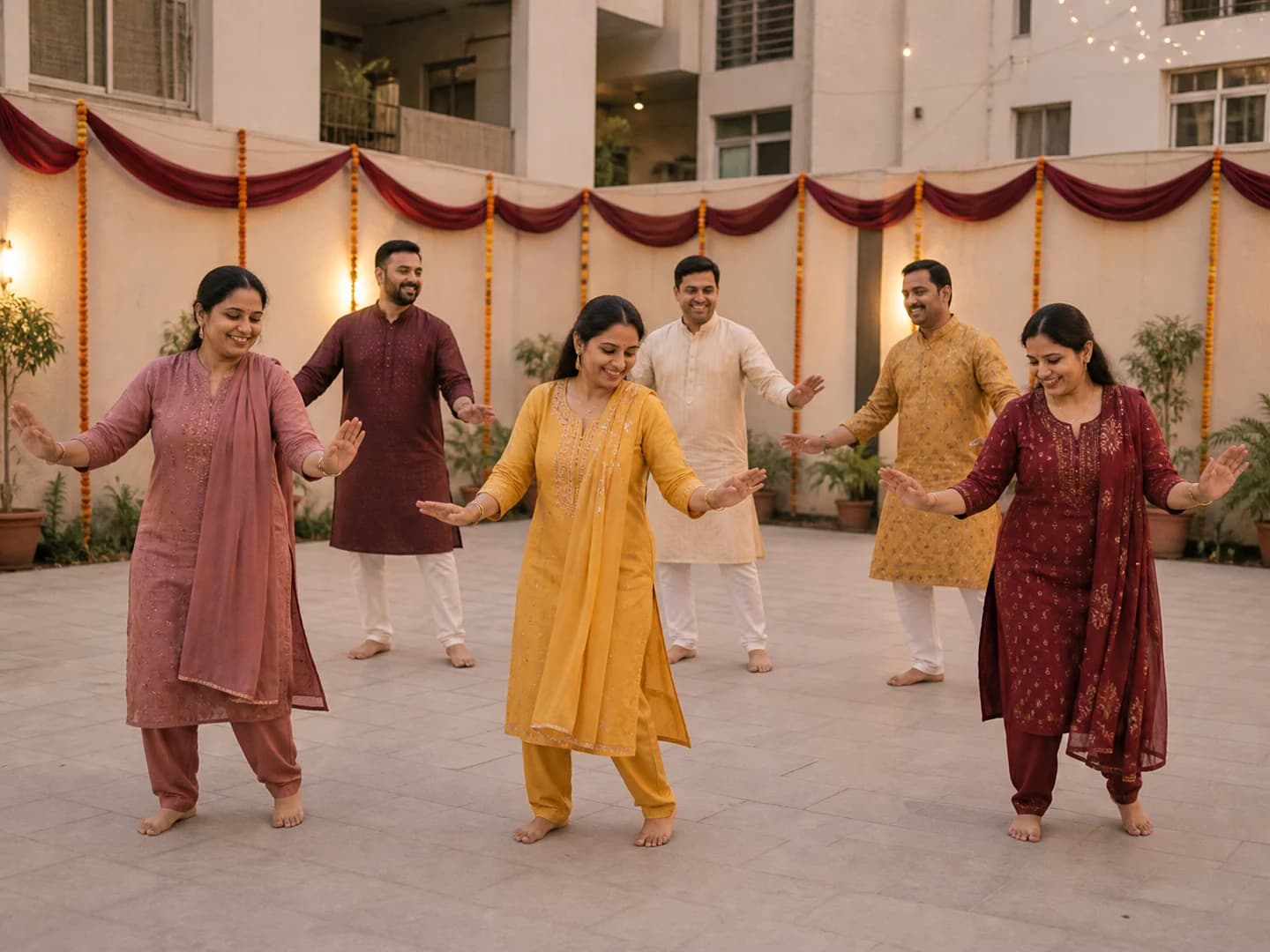 Devotees dancing together at a society bhakti program