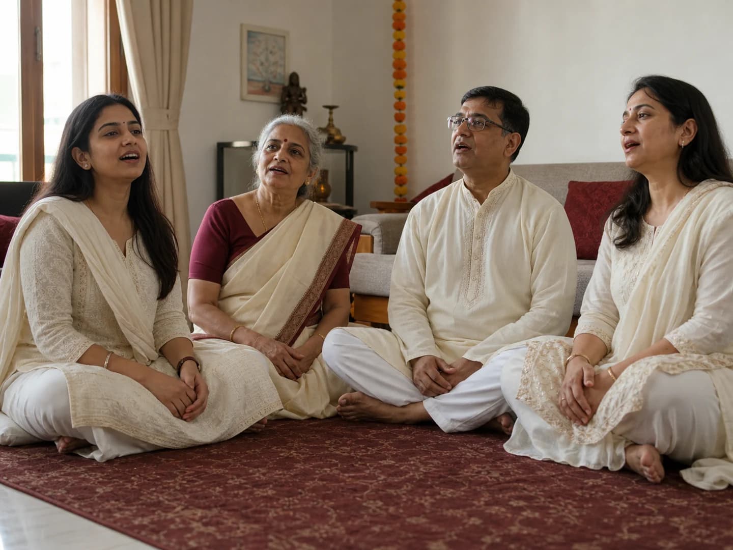 A family singing bhajans together at a kirtan at home
