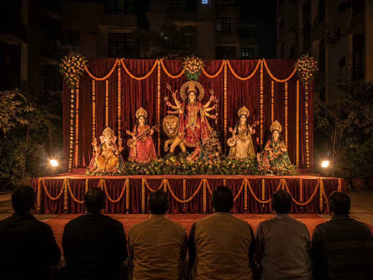 Devotees watching a decorated jagran jhanki at night