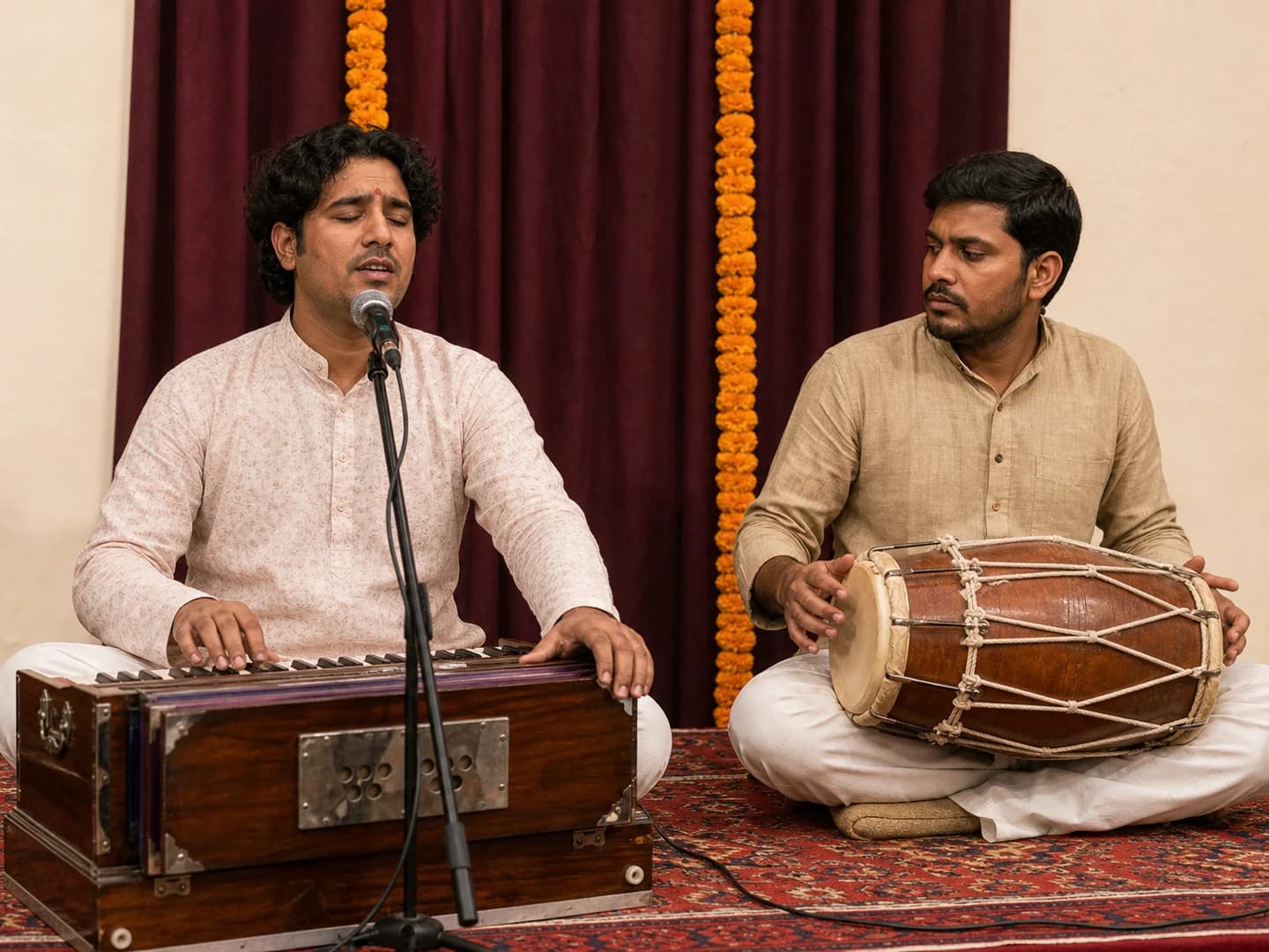 A singer at the harmonium with a dholak player beside him