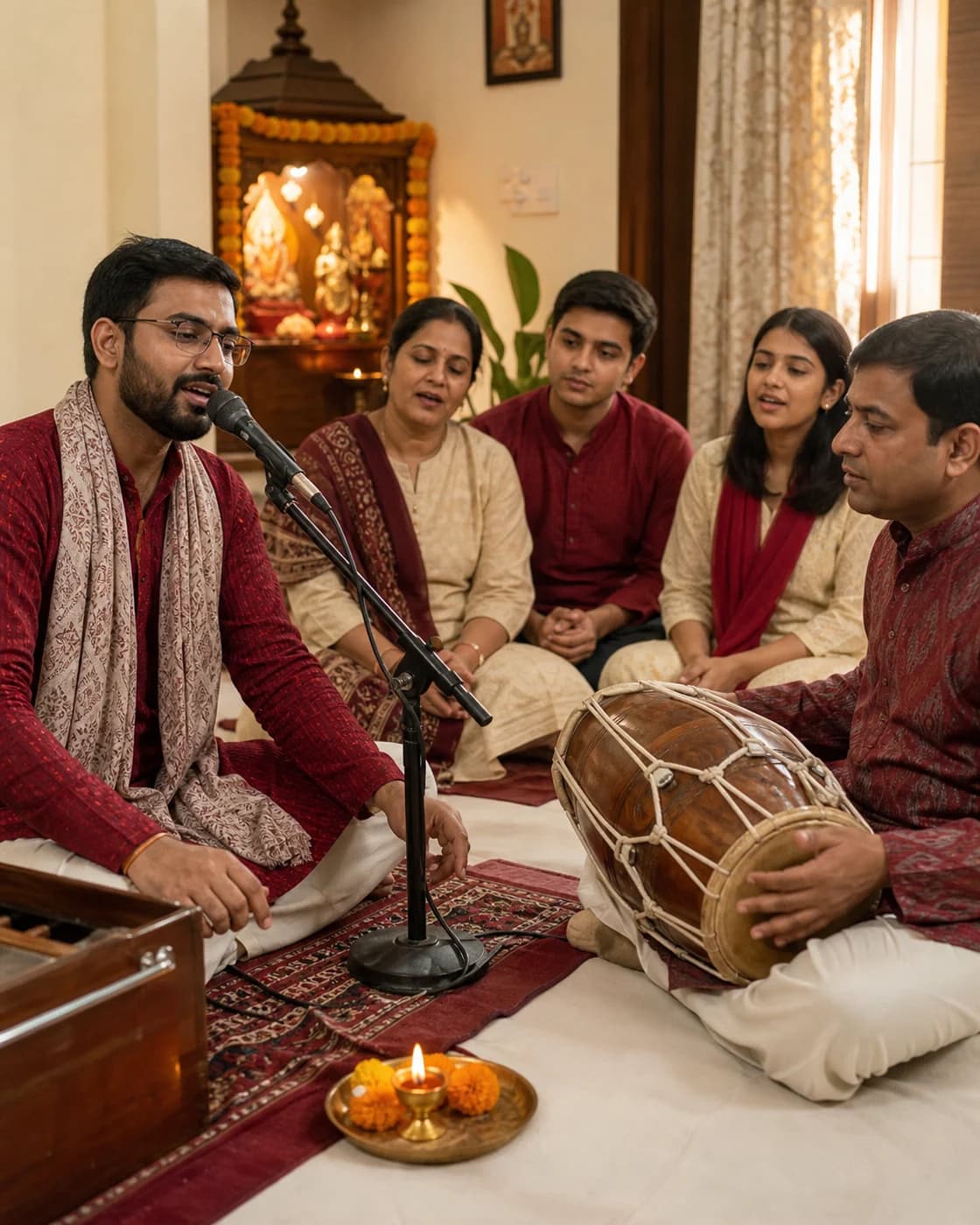 Kirtan at a Delhi home with a singer, dholak player and the family