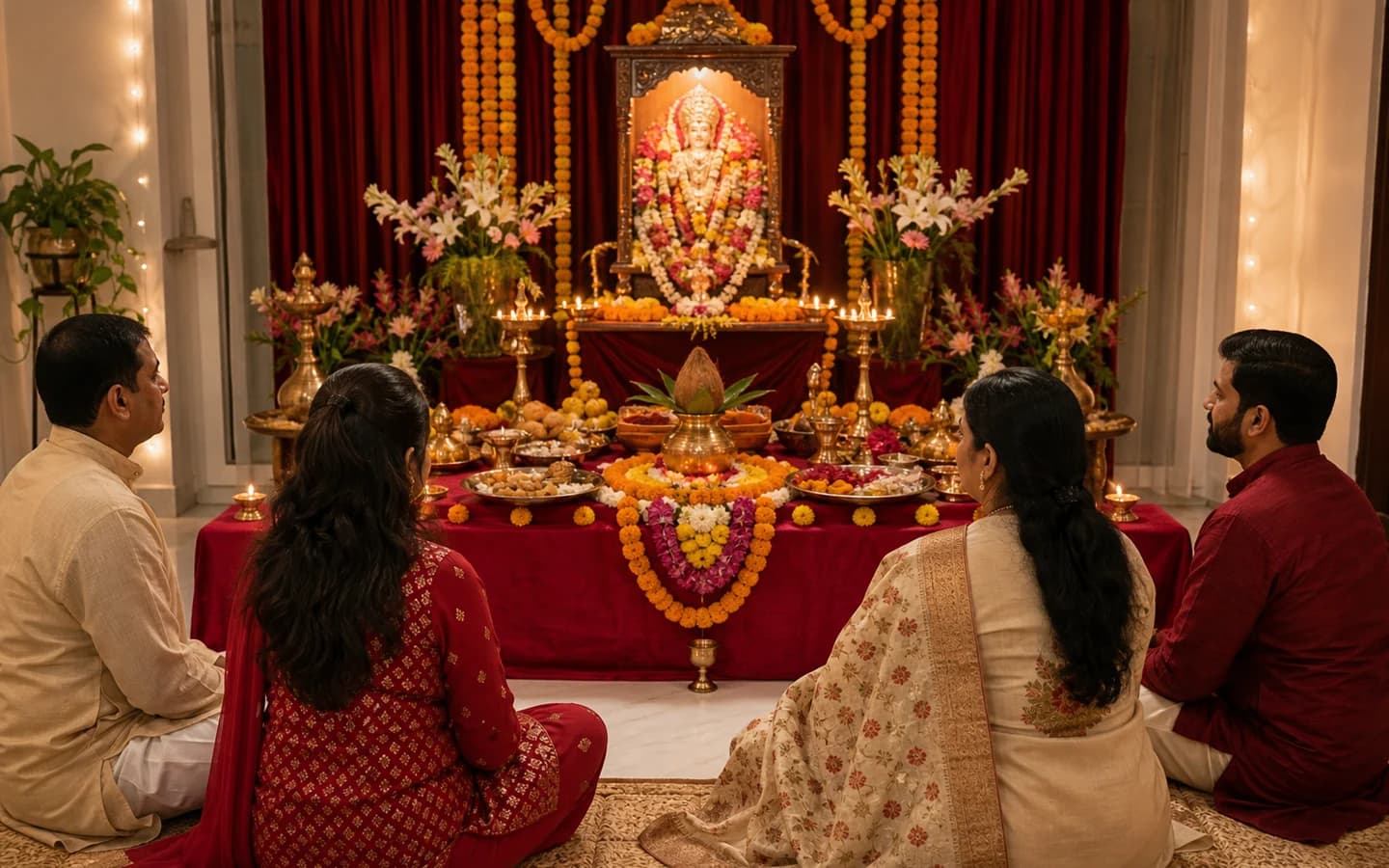 Devotees seated before a decorated Mata Rani darbar