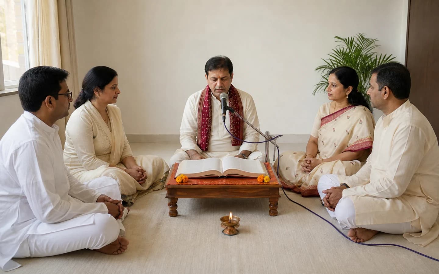 A Sundarkand reader and devotees seated together in a family living room