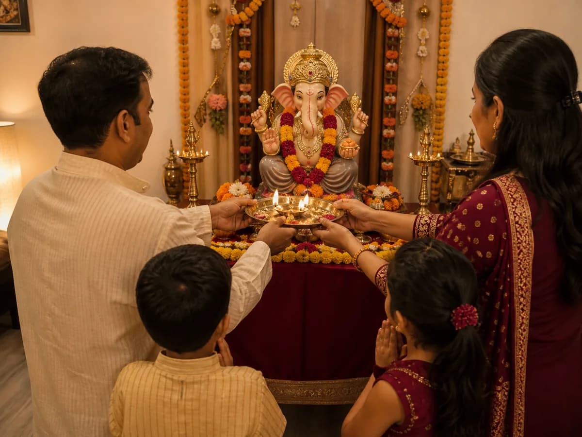 A family performing aarti before a decorated Ganpati idol at home