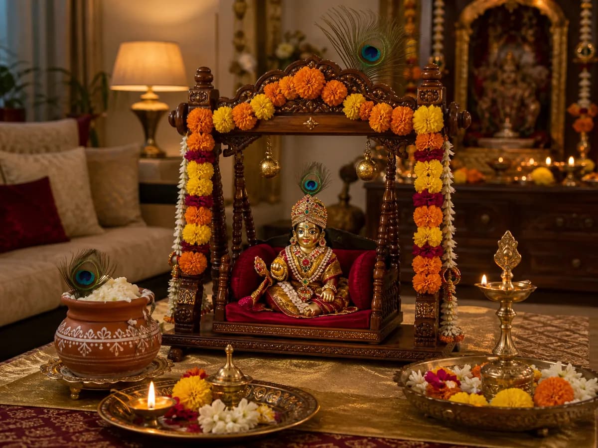 Laddu Gopal seated in a flower-decorated Janmashtami jhula beside a matki