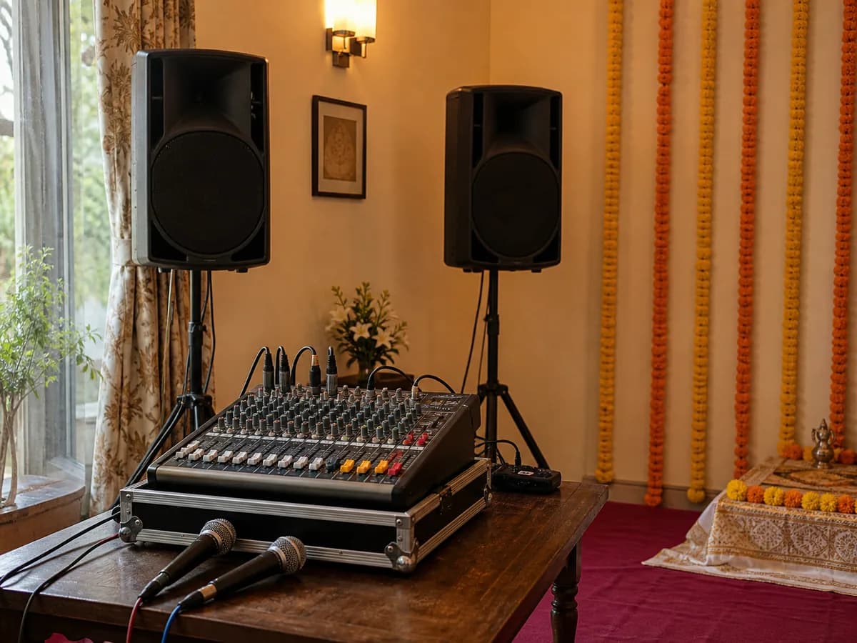 Professional sound mixer, microphones and speakers prepared for a devotional programme